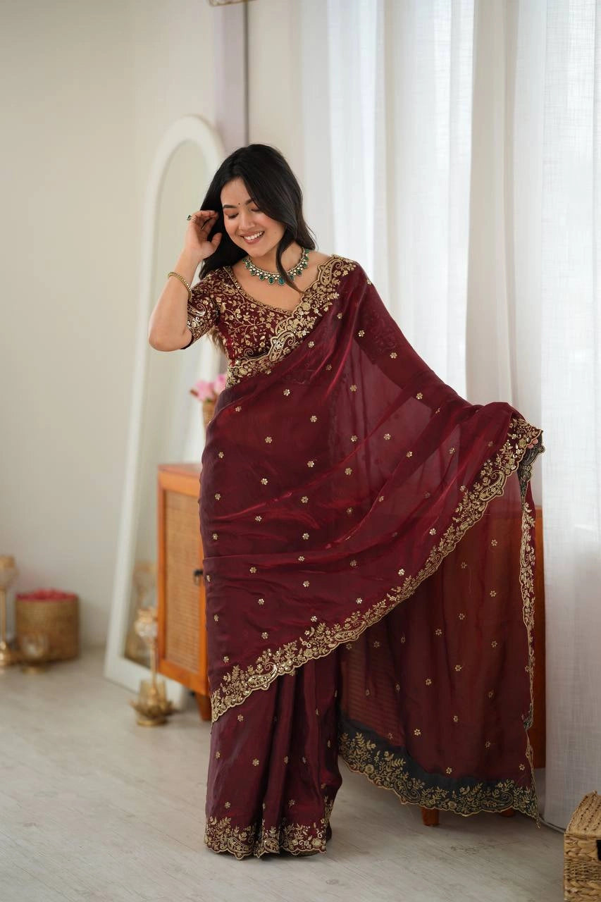 Maroon fendy silk blend saree with embroidered scallop border